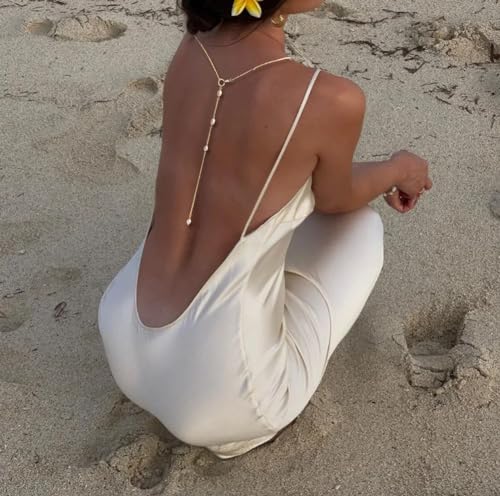 Pearls Back Chain Necklace for Backless Dress Bridal Wedding Backdrop Necklace for Women Gold Long Pearl Body Chain