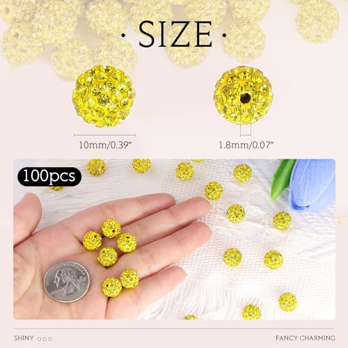 100 pcs 10mm Rhinestone Beads for Jewelry Making, Yellow Shiny Round Shamballa Disco Beads Bulk, Sparkle Crystal Clay Christmas for Bracelet Baseball Necklace Earring Crafting and DIY - color: Citrine, size: 10mm/100pcs