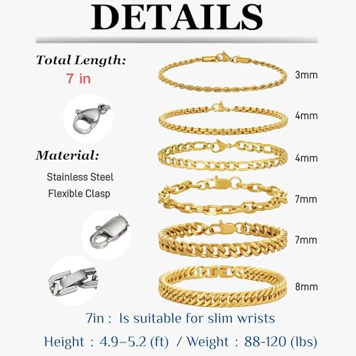 XIANNVXI 6pcs Bracelets for Men Gifts for Him Stainless Steel Bracelet Silver/Gold/Black Cuban Link Rope Paperclip Chain Bracelets Set 6.5/7/7.5/8.3/9 Inches Metal Bracelet Mens Fashion Accessories Jewelry Gifts Set - color: Gold, size: 7 in-Women Small