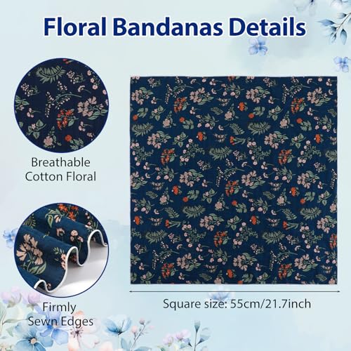 Navy Blue Floral Bandana, 21.7" Square Cotton Bandana Headscarf Hair Handkerchief, Women Bandanas Headbands for Beach Camping Running