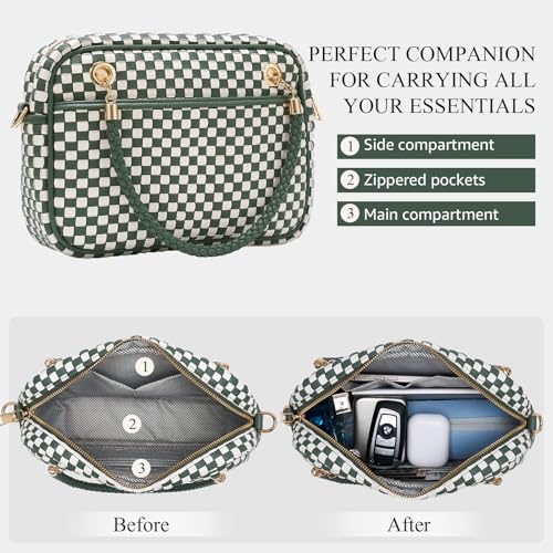 Chic Woven Crossbody Camera Bag, Soft Vegan Leather Purse with Designer Look & Braided Handle - color: Green and White Checkered
