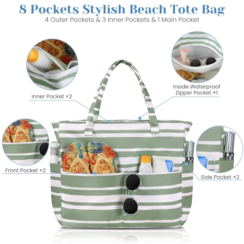 Trifabricy Beach Bags for Women Waterproof Sandproof Women Tote Bag, Large Beach Bag with Zipper for Gym Travel Vocation - color: Green