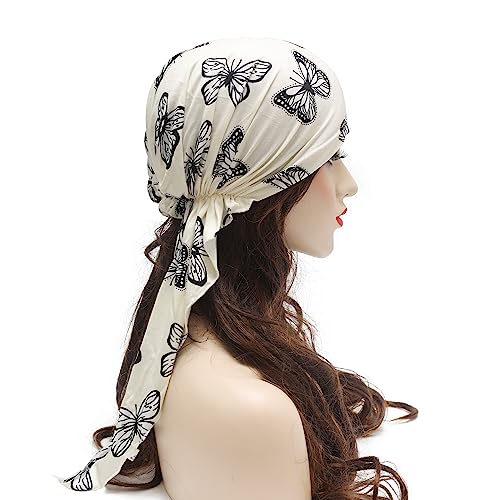 ZLYC Chemo Headwear Pre Tied Head Scarf Headwraps Lightweight Turban Beanie Cap for Women - color: Butterfly White