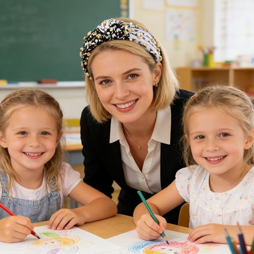 PANTIDE Teacher Jeweled Knotted Headband - Back to School Composition Notebook Rhinestone Pearl Embellished Headband Top Knot Hair Accessories Teacher Appreciation Gift For Women Girls (Black White) - color: Black White Teacher