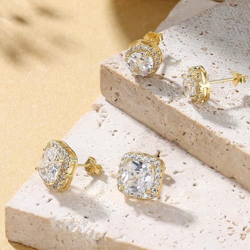 18K Gold Plated Halo Stud Earrings 925 Sterling Silver Cubic Zirconia Stud Earrings Round Square Diamonique Stud Earrings Set for Women Men - color: Gold