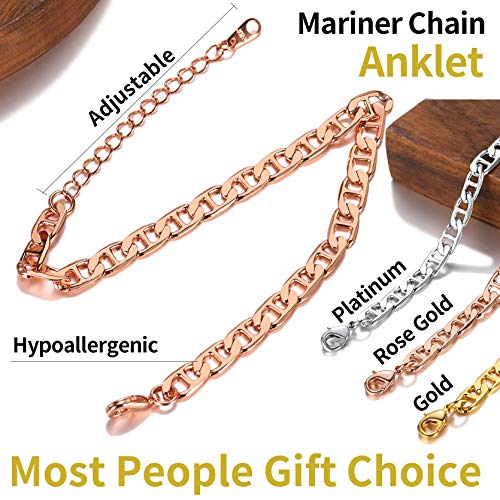 ChainsHouse Ankle Bracelets for Women, Stainless Steel Chain Anklets Waterproof, Women Summer Beach Jewelry Gift, Come with Box - color: 11. 6mm-Flat Marina-Rose Gold