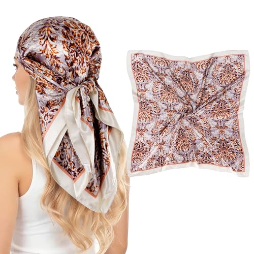 Pistha Head Scarf Bandana for Women, Satin Scarf for Hair, Large Square Silk Bandana Headscarf for Women and Men 35 Inch - style: Flower-white