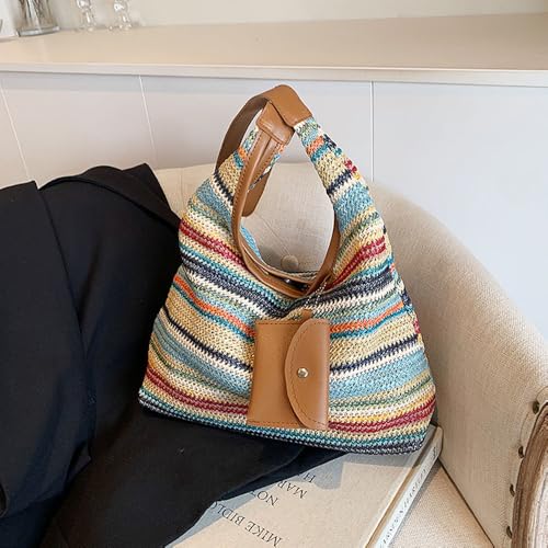 Women's Woven Beach Shoulder Handbag Colorful Straw Tote Bag Summer Vacation Crossbody Bag - color: 3016colorful