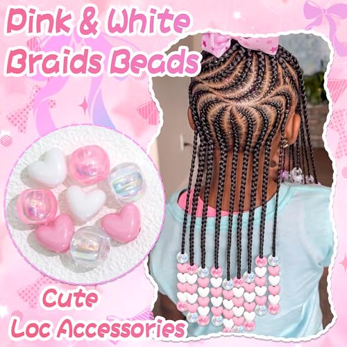 60PCS Pink Hair Beads Cute Heart Braids Beads AB Color Round Bead for Hair Dreadlock Jewelry Pony Bead Valentine's Day Loc Accessories for Kids Girls - color: Pink&White