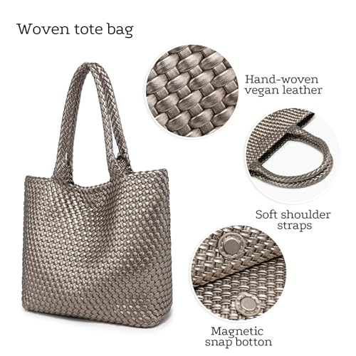 Woven Tote Bag for women,Vegan Leather Woven Satchel Handbag,Shoulder bag with Pouch,Hobo bag fits13-14” laptops - color: Sliver Grey