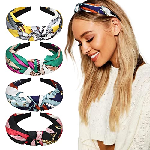 DRESHOW 4 Pack Boho Fashion Turban Headbands for Women Girls Flower Printed Plastic Head Band Vintage Cross Hair Accessories - color: 4 Pack Knot Cloth Wide A