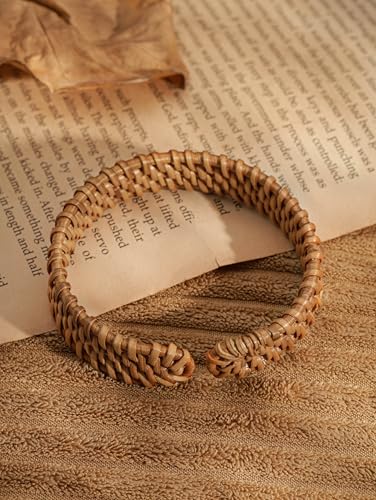 MINACHI Rattan Bracelet for Women, Handmade Lightweight Straw Wicker Braid Cuff Bangle, Adjustable Bohemian Woven Chunky Wrist Jewelry