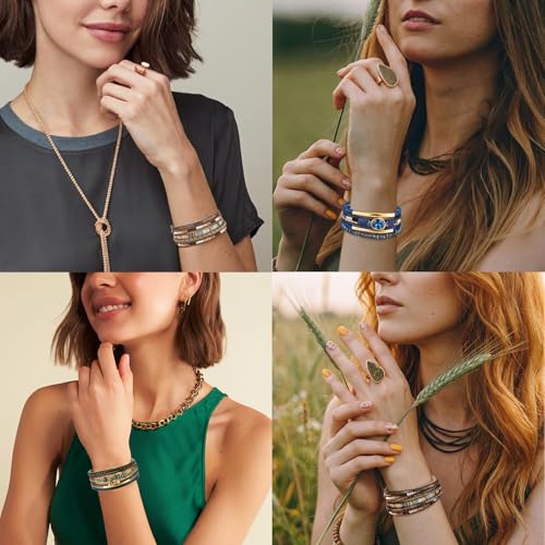 LOWNOUR Boho Bracelets for Women 3pcs Leather Bracelet for Women Western Jewlery Leopard Multi-Layer Crystal Beads Stone Leather Cuff Wrap Bracelets