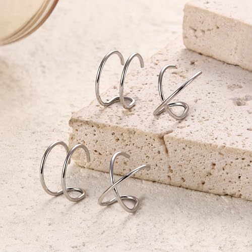 MILACOLATO 4Pcs 925 Sterling Silver Ear Cuffs for Women 14K Gold Plated Adjustable Ear Cuffs Non Piercing Minimalist Ear Cuff Earrings Fake Helix Cartilage Clip on Earrings Hypoallergenic - color: Silver