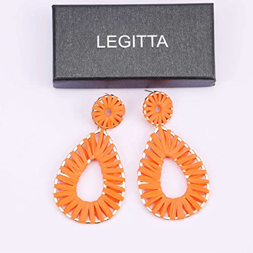 Raffia Teardrop Dangle Earrings Handmad Statement Drop Earrings - color: Orange