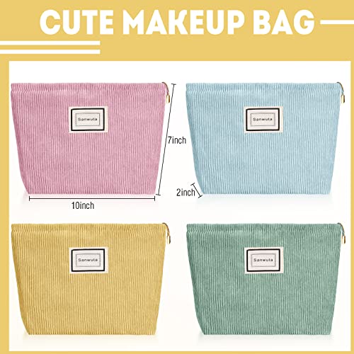 Sanwuta 4 Pack Velvet Makeup Bag Cosmetic Bag for Women Large Capacity Corduroy Pouch Zipper Canvas Travel Toiletry Purse Make up Organizer Case Accessories(Macaron Series,Plaid) - color: Macaron Series