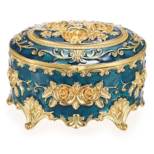 Hipiwe Vintage Metal Jewelry Box - Oval Trinket Box Ring Case with Rose Pattern Jewelry Storage Box for Ring Earrings Necklace, Keepsake Box for Women - color: Blue