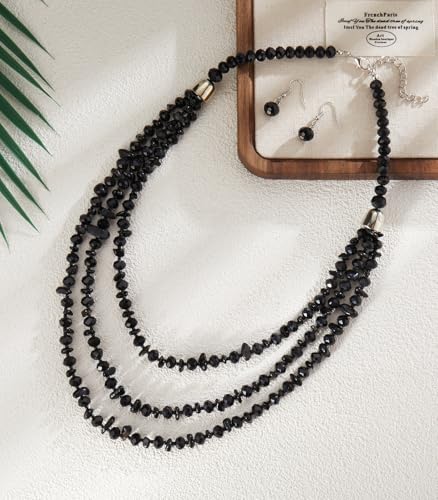 Errally Layered Beaded Statement Necklace Multi Strand Crystal Beads Collar Necklace and Earring Sets for Women Fashion Costume Jewelry Set Gifts for Her - color: 15-Black