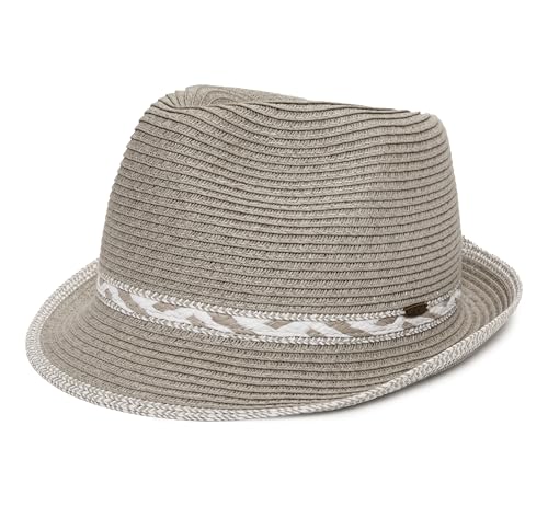 Funky Junque Straw Fedora Hats for Women - UPF 50+ Sun Hat, Short Brim Packable Beach Hat with Woven Pattern - color: Grey