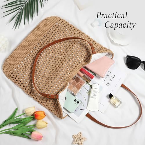 Sightor Crochet Beach Bag, Woven Tote Bag Summer Boho Bag Travel Casual Shoulder Bag for Summer Vacation - color: Brown