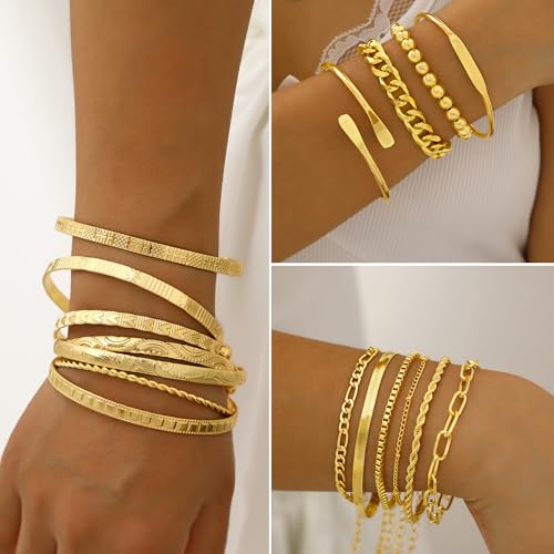 FAXHION 68 Pcs Gold Jewelry Set for Women with 7 Necklace, 17 Bracelet, 5 Hoop Earrings, 15 Stud Earrings, 24 Knuckle Rings for Women Jewelry Set for Women Gift - color: gold jewelry set
