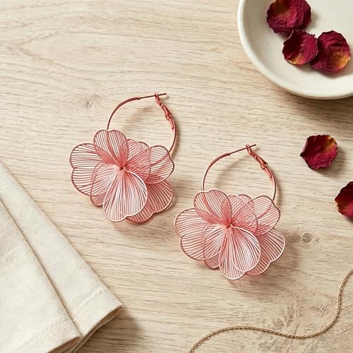 Gold Flower Statement Earrings for Women Boho Trendy Hoop Earrings Floral Dangle Petal Earring Prom Wedding Jewelry Gifts - color: A4:pink