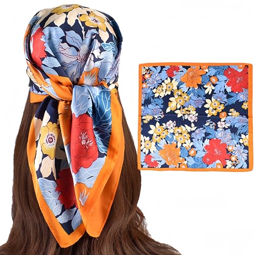 MINIDORA Satin Scarves for Women 27.5 × 27.5 inches Medium Square Elegant Silk Feeling Head Scarf - color: D001-colorful