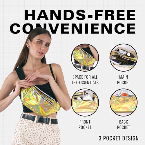 Holographic Fanny Pack Belt bag - Crossbody Waist Bag for Men or Women - Hands-Free, Waterproof Large Bumbag for Hiking, Running, and Travel (Gold) - color: Holographic Gold
