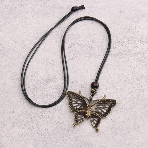 PU Leather Necklace Vintage Boho Style Multilayer Pendant Long Sweater Necklace Jewelry for Women Men with Adjustable Leather Cord - color: Antique Gold Butterfly Necklace