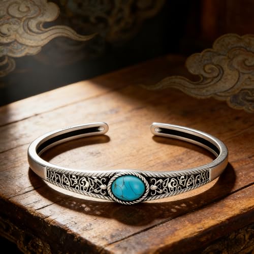 Genuine Turquoise Bracelet Cuff Bracelet for Women Mom 925 Sterling Silver Natural Turquoise Bangles Vintage Bracelet Boho Jewelry for Birthday Christmas Mother's Day Valentine's Day - style: Cloud