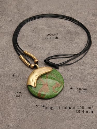 Bohemian Women's Leather Long Pendant Necklace Sweater necklace Adjustable Retro Woven Handmade Jewelry - color: Green stone