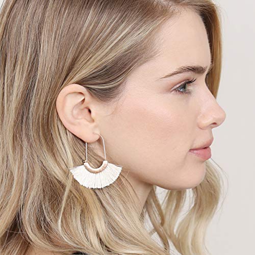 Bohemian Silky Thread Tassel Strand Fringe Statement Hoop Earrings - Lightweight Semi Circle Fan Threader, Mermaid Hoops - color: Fan Tassel Threader - Ivory