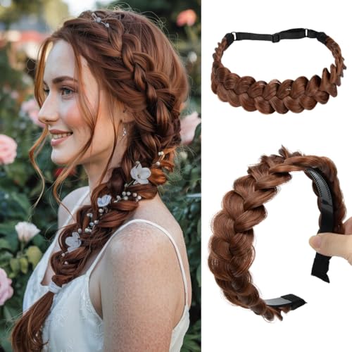 CJL HAIR 2PCs Braided Headbands Hair Piece for Women Synthetic Hair Hoops Head Bands Handmade Braid Hairband Accessories Elastic Stretch Headwrap Red Vino - color: 2PCS-Red Vino