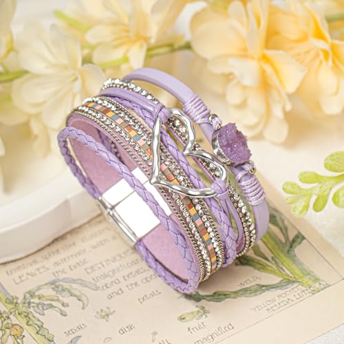 Leather Wrap Bracelet for Women, Boho Cuff Bracelet with Strong Clasp, Multi-Layer Crystal Leather Bracelet for Valentine Mother's Day - color: 01-Heart-Purple