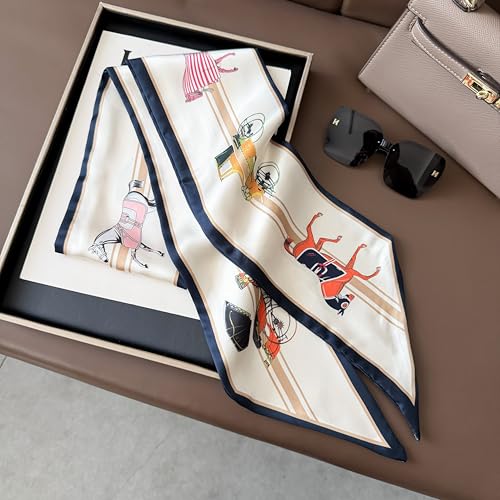 Hair Scarf for Women - 53"x5.3" Purse Scarf, Extra Long Satin Wrap, Versatile Belt & Boho Neck Accessory - color: White Horse