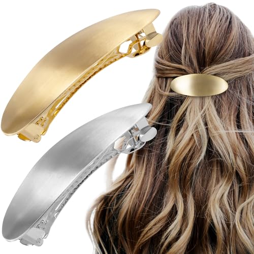 HINZIC 2pcs Oval Hair Barrette, Metal Large Hair Clip, Vintage French Wedding Prom Formal Hairpins Accessories for Women Thick Thin Long Short Curly Straight Hairstyles- Gold & Silver - color: Gold & Silver