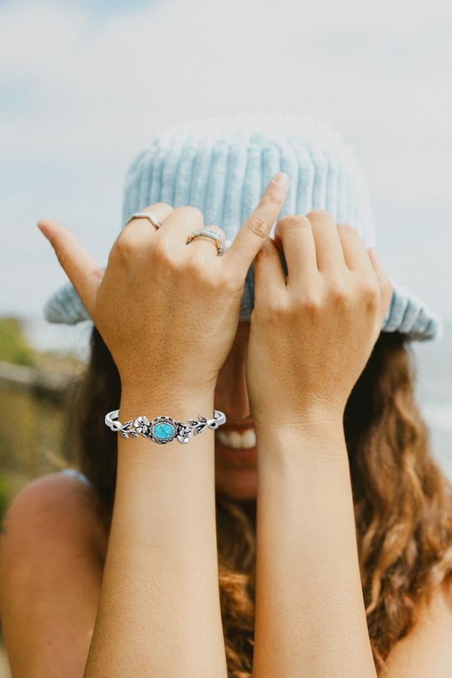 Genuine Turquoise Bracelet Cuff Bracelet for Women Mom 925 Sterling Silver Natural Turquoise Bangles Vintage Bracelet Boho Jewelry for Birthday Christmas Mother's Day Valentine's Day - style: Flower