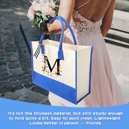Reginary 12 Pack Canvas Tote Bags Initial Classic Present Personalized Canvas Beach Bag for Wedding, Birthday, Beach(Blue and White) - color: Blue and White