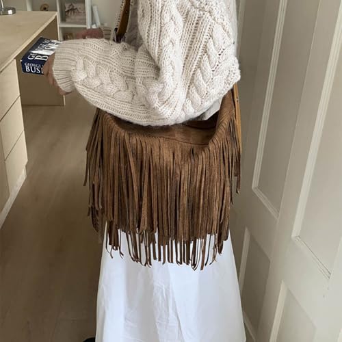 Fringe Genuine Suede Leather Hobo Bag Adjustable Crossbody Shoulder Bag Boho Retro Tassel Handbag Gift Box - color: Brown