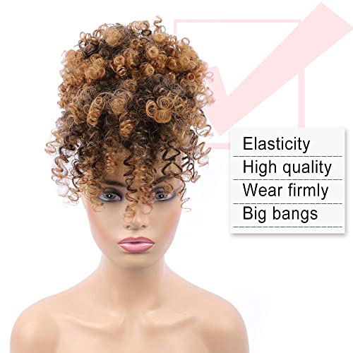 Afro Puff Drawstring Ponytail for Black Women, Kinky Curly Synthetic Hair Bun Extension with Bangs, Short Clip in Updo Hairpiece, T30 Ombre - color: T30