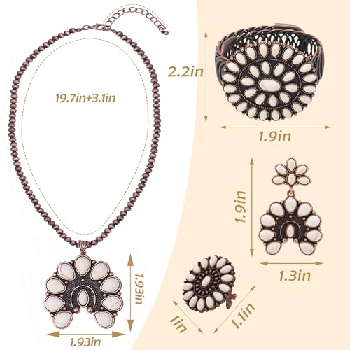 4 PCS Western Turquoise Jewelry for Women Boho Vintage Navajo Pearl Necklace Earring Bracelet Ring Set Country Cowgirl Accessories for Gift - color: B-White