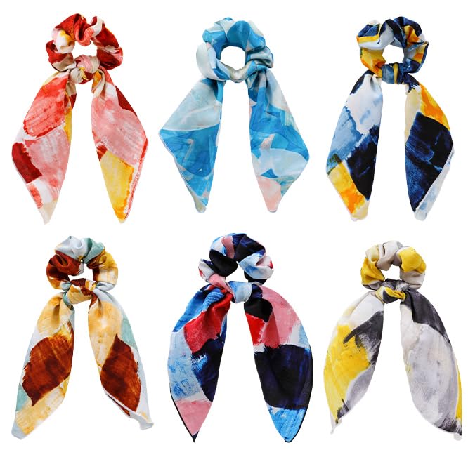 Bow Scrunchies for Women,6PCS Hair Scarf Ties Ponytail | Hair Scarves,Hair Scrunchie with Tails,Bandana Scrunchies,Scarf Ponytail Band,Hair Accessories for Women,2 in 1 - color: check 3B