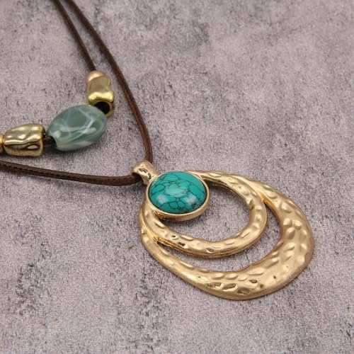 Boho Necklace for Women Adjustable Silicone Rope with Gold Beaded Pendant Chunky Handmade Vintage Jewelry - style: Blue Turquoise Necklace