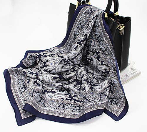 ANDANTINO 100% Mulberry Silk Scarf -21” Square Neckerchief with Gift Packed - color: Blue Paisley