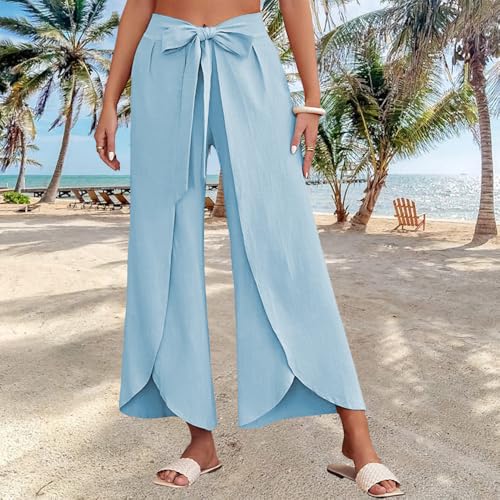 Wide Leg Tie Belted Linen Capri Pants for Women Casual High Waist Irregular Split Hem Palazzo Cropped Trousers - color: Light Blue, size: Medium