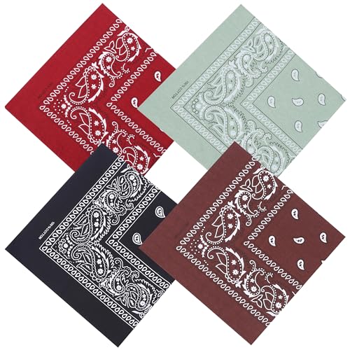 Mochabao 100% Cotton 27" x 27" Large Bandanas for Men & Women, Multi-Purpose Bandana Headbands, Square Head Scarf - color: Red/Black/Brown/Sage Green
