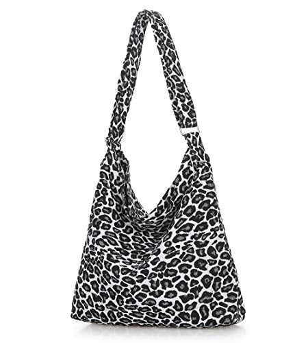 Covelin Women's Retro Large Size Canvas Shoulder Bag Hobo Crossbody Handbag Casual Tote - color: Leopard White