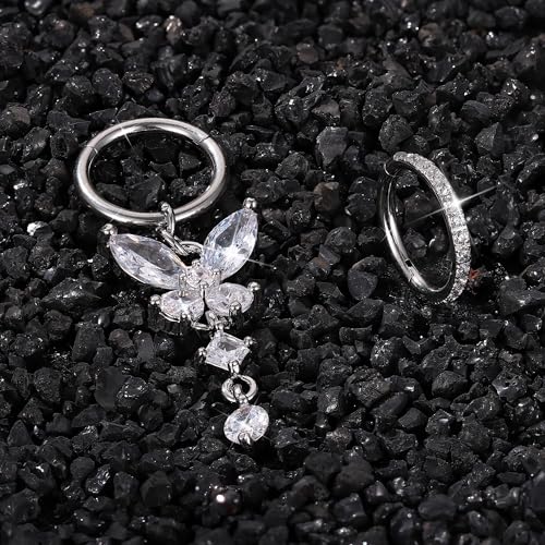 THUNARAZ 2Pcs Belly Button Rings for Women Surgical Stainless Steel Clicker Belly Rings Hoop CZ Heart Butterfly Dangle Navel Rings Belly Piercing Jewelry Silver Tone 14G - color: Silver Tone-Dangle Butterfly