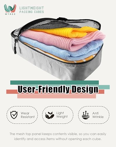 WTREE 4-Piece Packing Cubes Travel Accessories Set for Suitcases - Luggage Organizer Bags with Double Zipper - Mesh Top - Small/Medium/Large/Slim - Grey - color: Grey, size: Slim, Small, Medium, Large