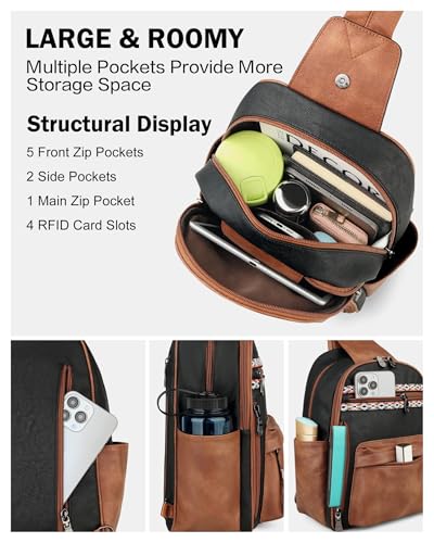 FADEON Large Sling Bag for Women, Leather Crossbody Purse Designer Anti Theft Sling Backpack, RFID Fanny Packs for Travel - color: Retro Black With Brown